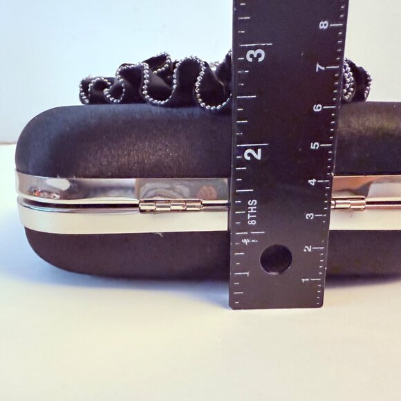 Charming Charlie Black Satin Clutch Purse Rhinestone Evening Bag Hard Case Ruffl - Picture 10 of 15